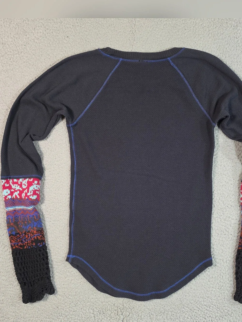 Free People In The Mix Cuff Crochet Thermal Waffle Knit Top Small Navy Blue Boho